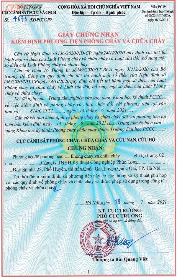 Giấy chứng nhận kiểm định về PCCC